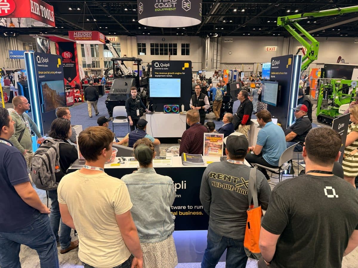 The Quipli booth drawing a crowd at an equipment rental trade show