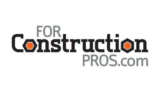 Text "FOR Construction PROS.com" with a hexagonal icon inside the letter "o." The design is in bold and gray, emphasizing construction, against a plain white background.
