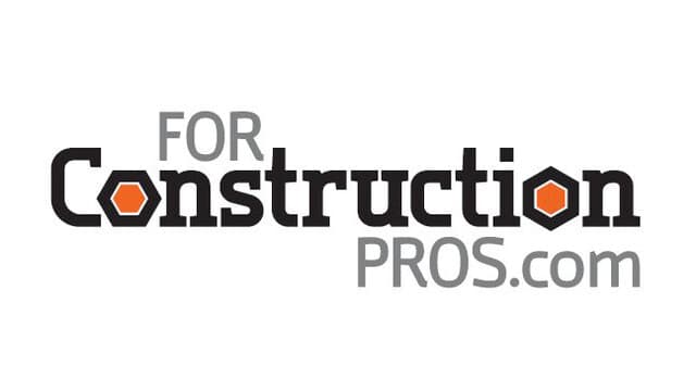 Text "FOR Construction PROS.com" with a hexagonal icon inside the letter "o." The design is in bold and gray, emphasizing construction, against a plain white background.