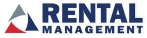Three overlapping triangles (gray, blue, red) beside bold blue text: "RENTAL MANAGEMENT" on a white background.