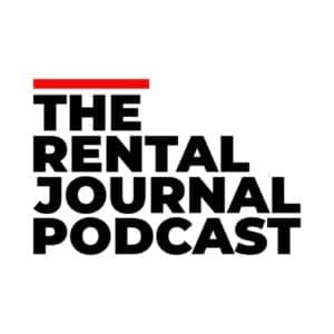 Text in bold black letters reads "THE RENTAL JOURNAL PODCAST" with a thin red line above "THE," set against a white background.