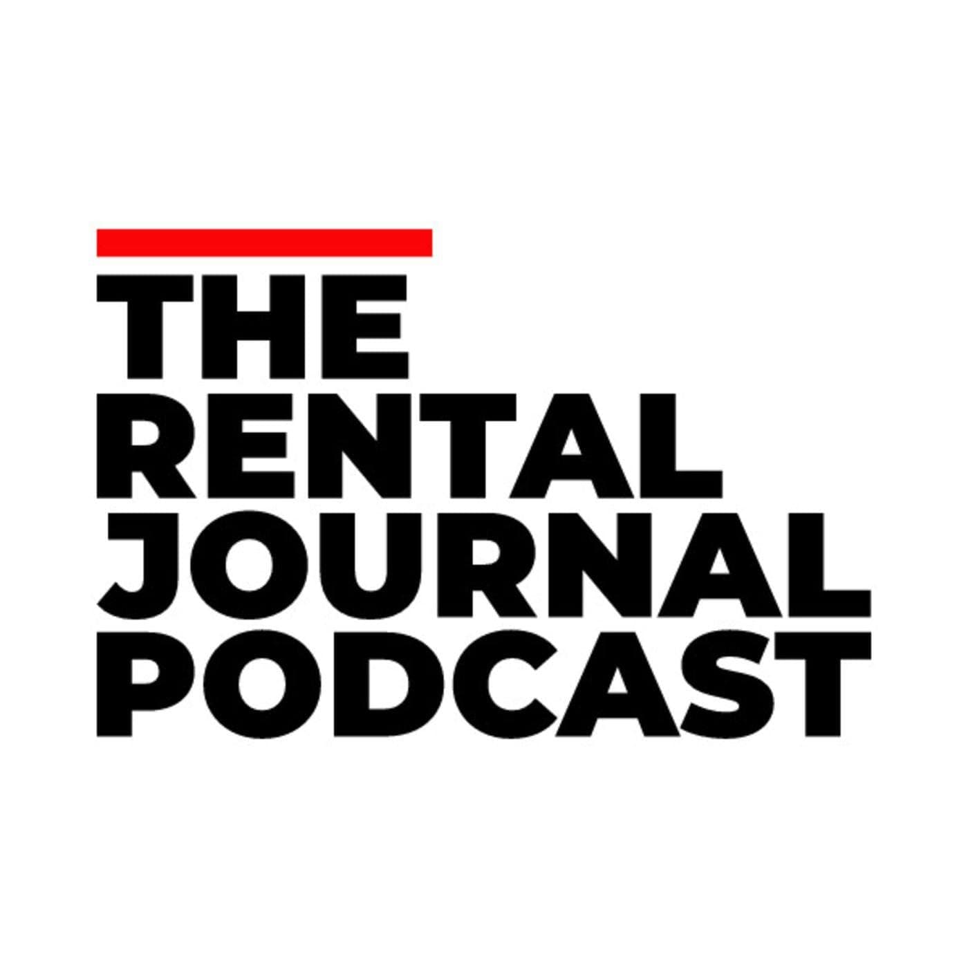 Text in bold black letters reads "THE RENTAL JOURNAL PODCAST" with a thin red line above "THE," set against a white background.