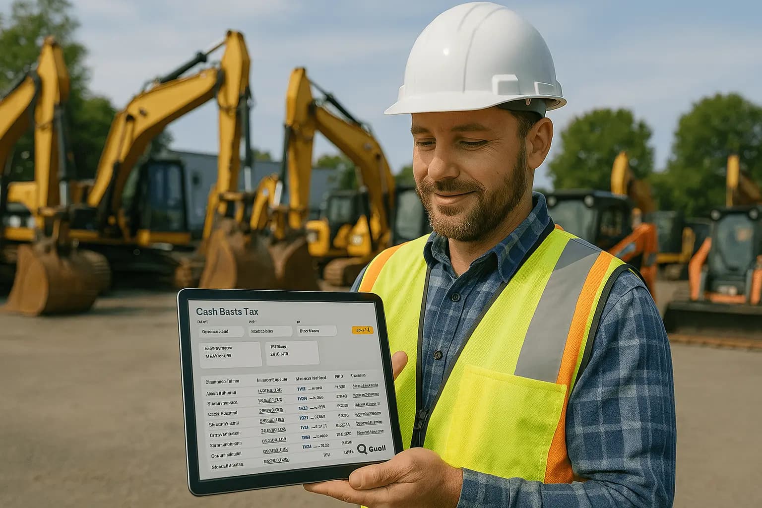 A worker holds a tablet displaying "Cash Rental Tool" with a list of equipment and rates. He stands in front of parked construction vehicles, wearing a hard hat and safety vest.