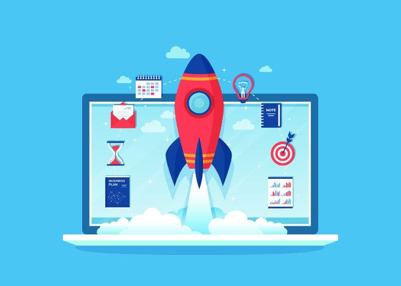 Rocket launching from a laptop screen, surrounded by icons of a calendar, envelope, hourglass, target, and graph, set against a bright blue background with clouds.