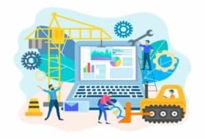 A large laptop displays graphs. People with tools work around it, alongside construction equipment like a crane and bulldozer. Gears and industrial elements form the background, suggesting collaboration and development.