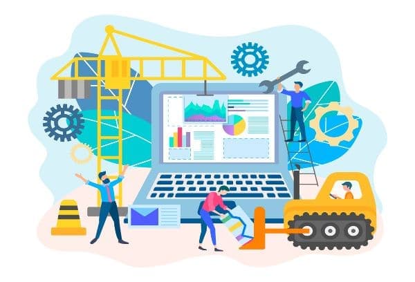 A large laptop displays graphs. People with tools work around it, alongside construction equipment like a crane and bulldozer. Gears and industrial elements form the background, suggesting collaboration and development.