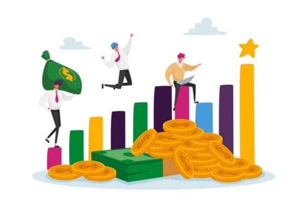Two figures celebrating atop colorful bar graphs, one holding a money bag, under a bright sky.