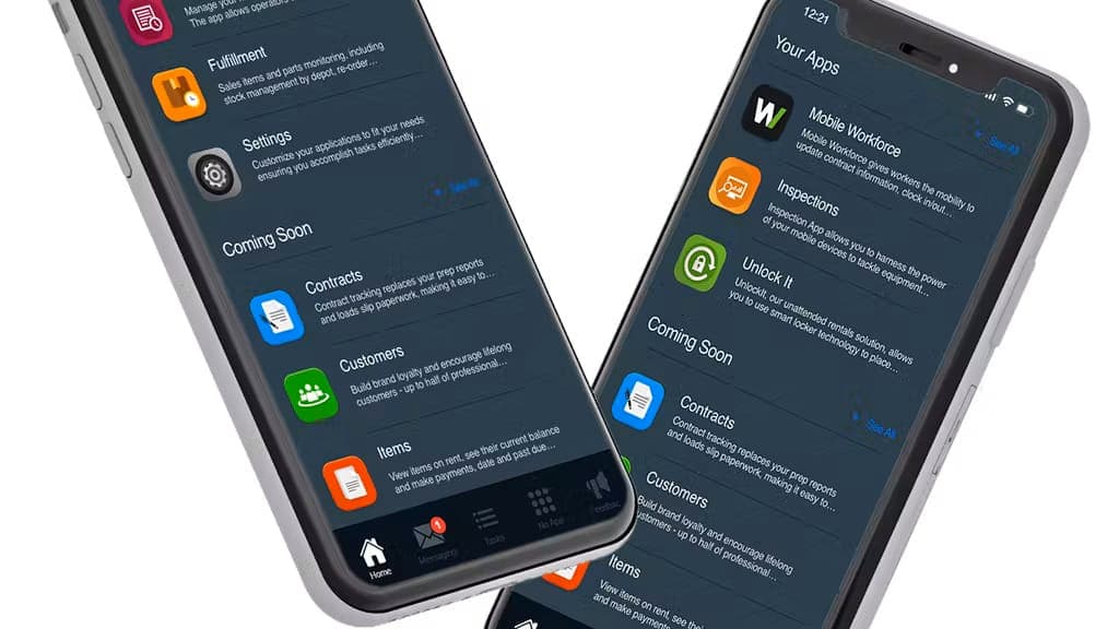 Two smartphones display an app interface with categories like "Mobile Workforce," "Inspections," and "Unlock It." Sections include "Coming Soon," "Contracts," "Customers," and "Items" in a dark-themed design.