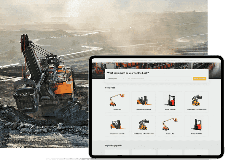 An excavator digs in a dusty construction site. Nearby, a tablet interface displays options for booking equipment, including boom lifts, warehouse forklifts, reach forklifts, and skid steers.