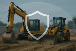 Two bulldozers are parked on a construction site, facing forward. A translucent shield icon overlays the image, suggesting protection or safety in an outdoor, industrial environment.