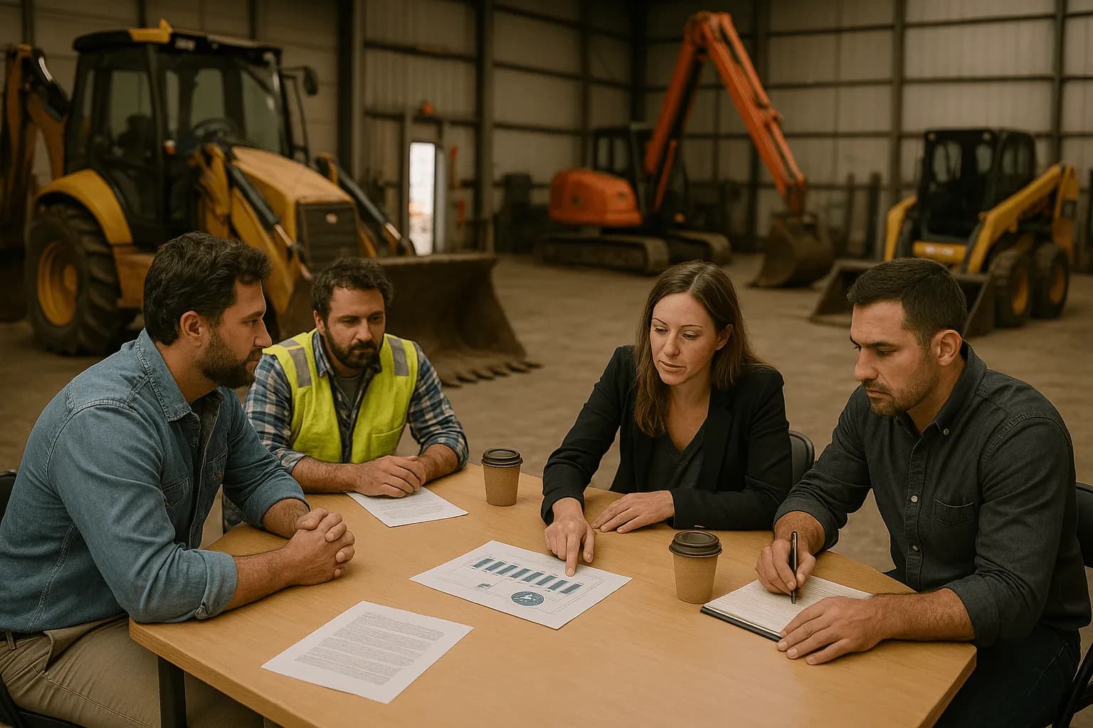 Four people discuss documents and charts at a table, with three construction vehicles in the background inside a large warehouse. The documents include charts and graphs, and coffee cups are present.