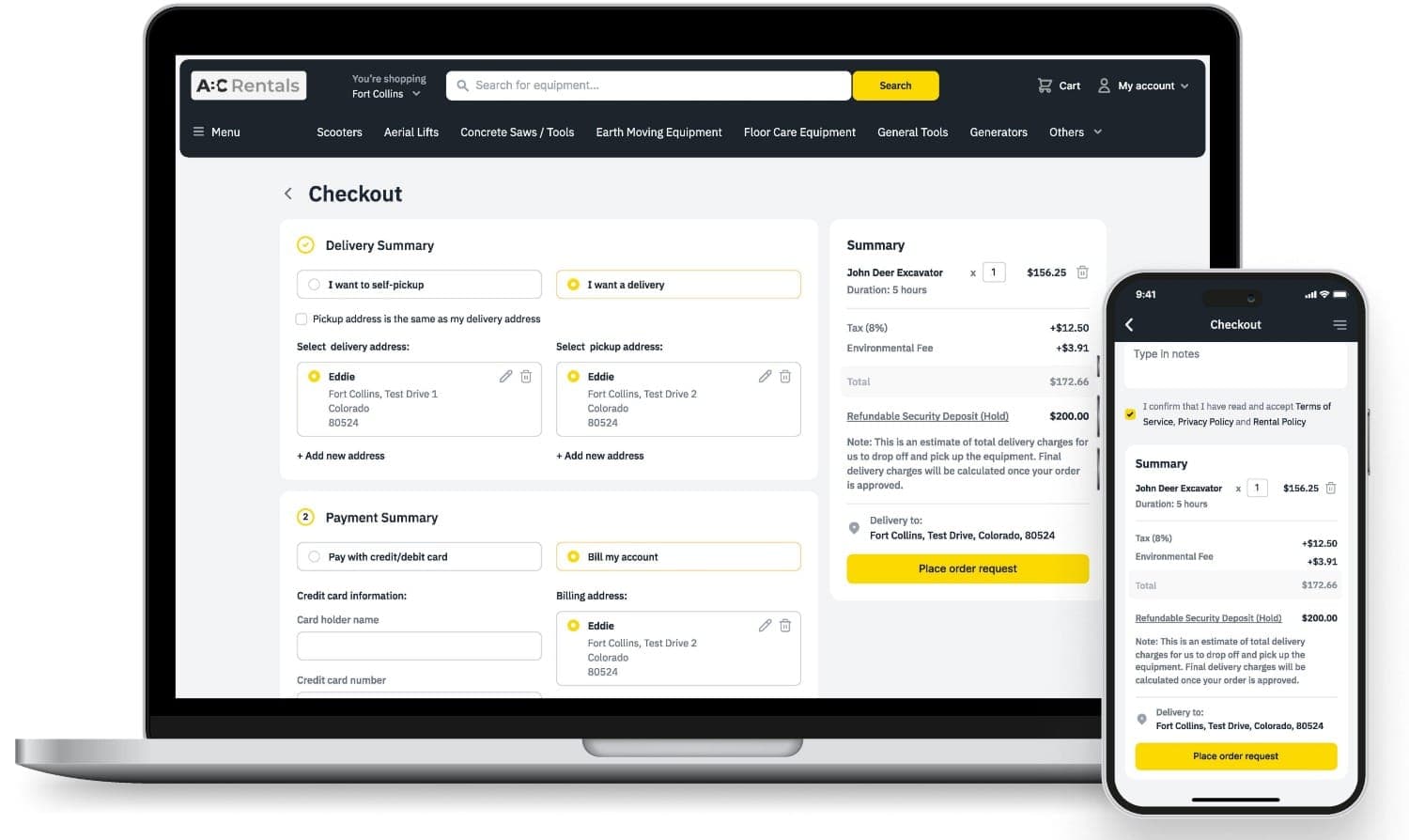 Laptop and smartphone display an equipment rental checkout page. Screen shows: "A:C Rentals", search bar, cart, delivery options, payment summary, and order details for "John Deer Excavator" with a total of $172.66.