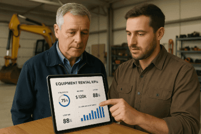 photo of equipment rental operators reviewing their KPI reports
