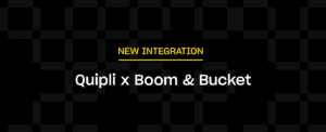 Text "NEW INTEGRATION: Quipli x Boom & Bucket" appears on a black background with a subtle checkered pattern. The text is centered, with "NEW INTEGRATION" in yellow and the rest in white.