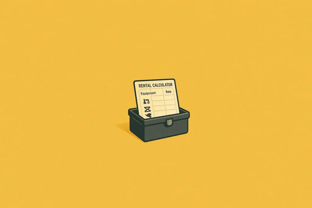 A small black filing box sits open, displaying a card labeled "USEFUL CALCULATOR" with "Expression" and "Input" columns. The background is a solid mustard yellow.
