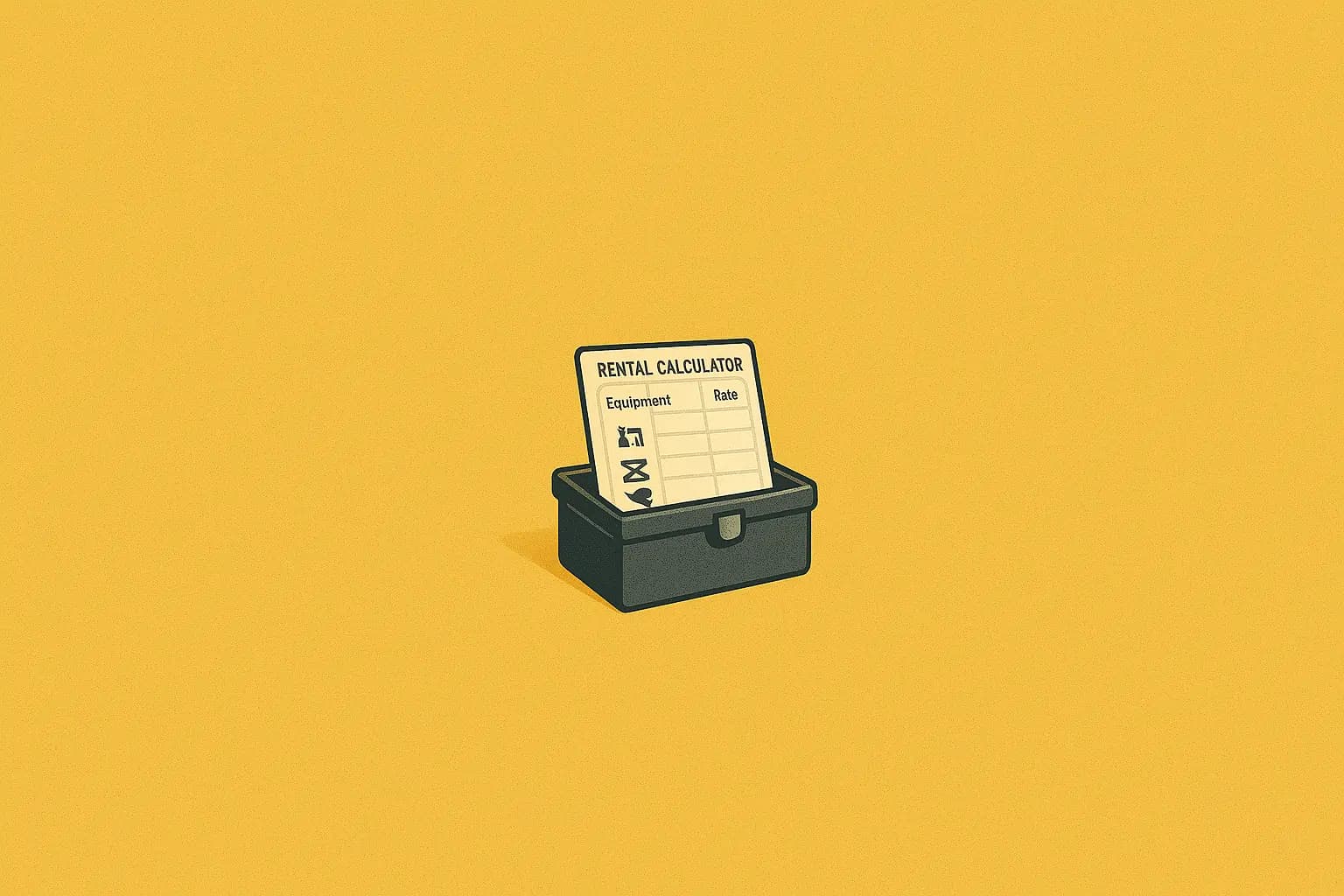 A small black filing box sits open, displaying a card labeled "USEFUL CALCULATOR" with "Expression" and "Input" columns. The background is a solid mustard yellow.