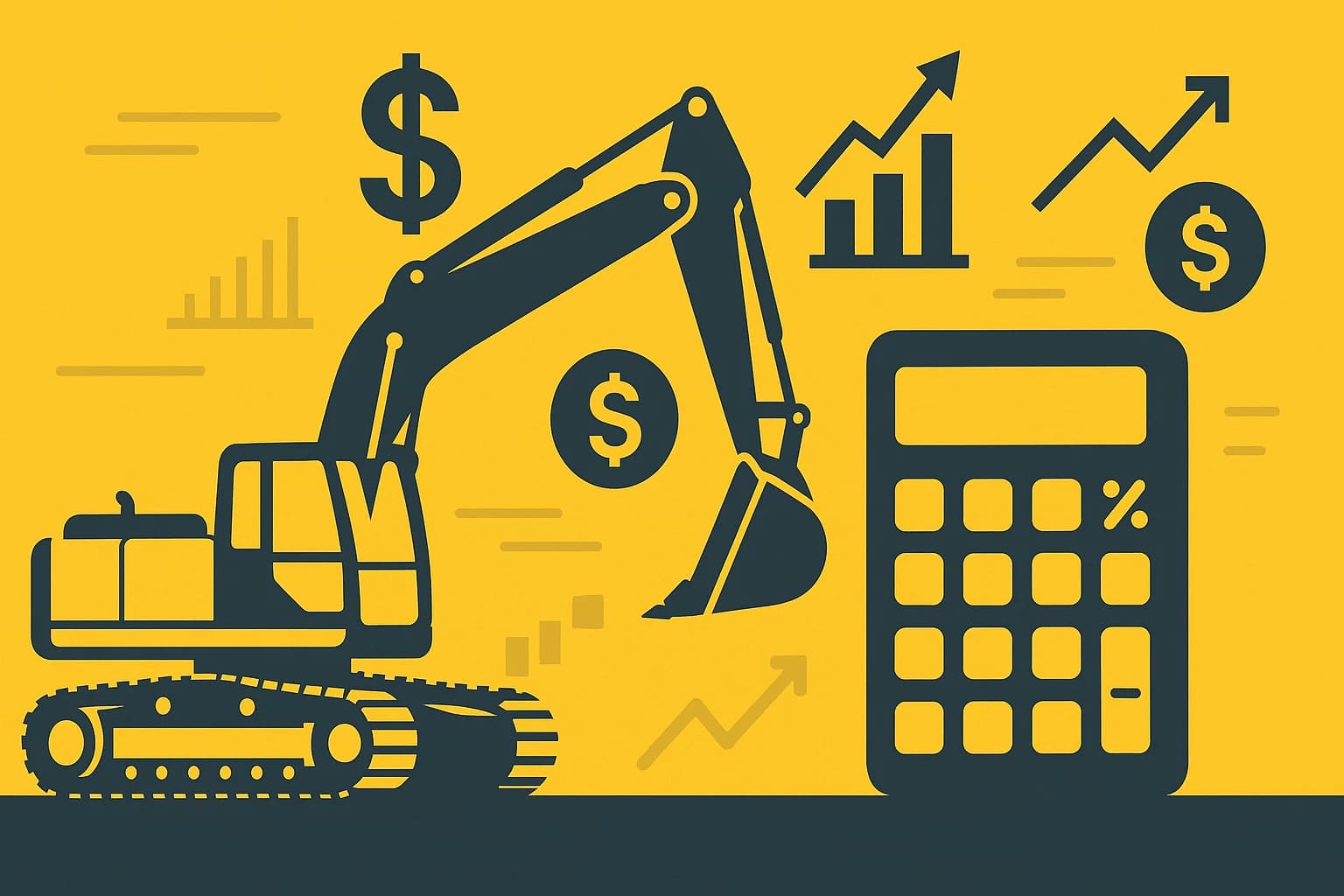 An excavator beside a large calculator, surrounded by rising graphs and dollar symbols.