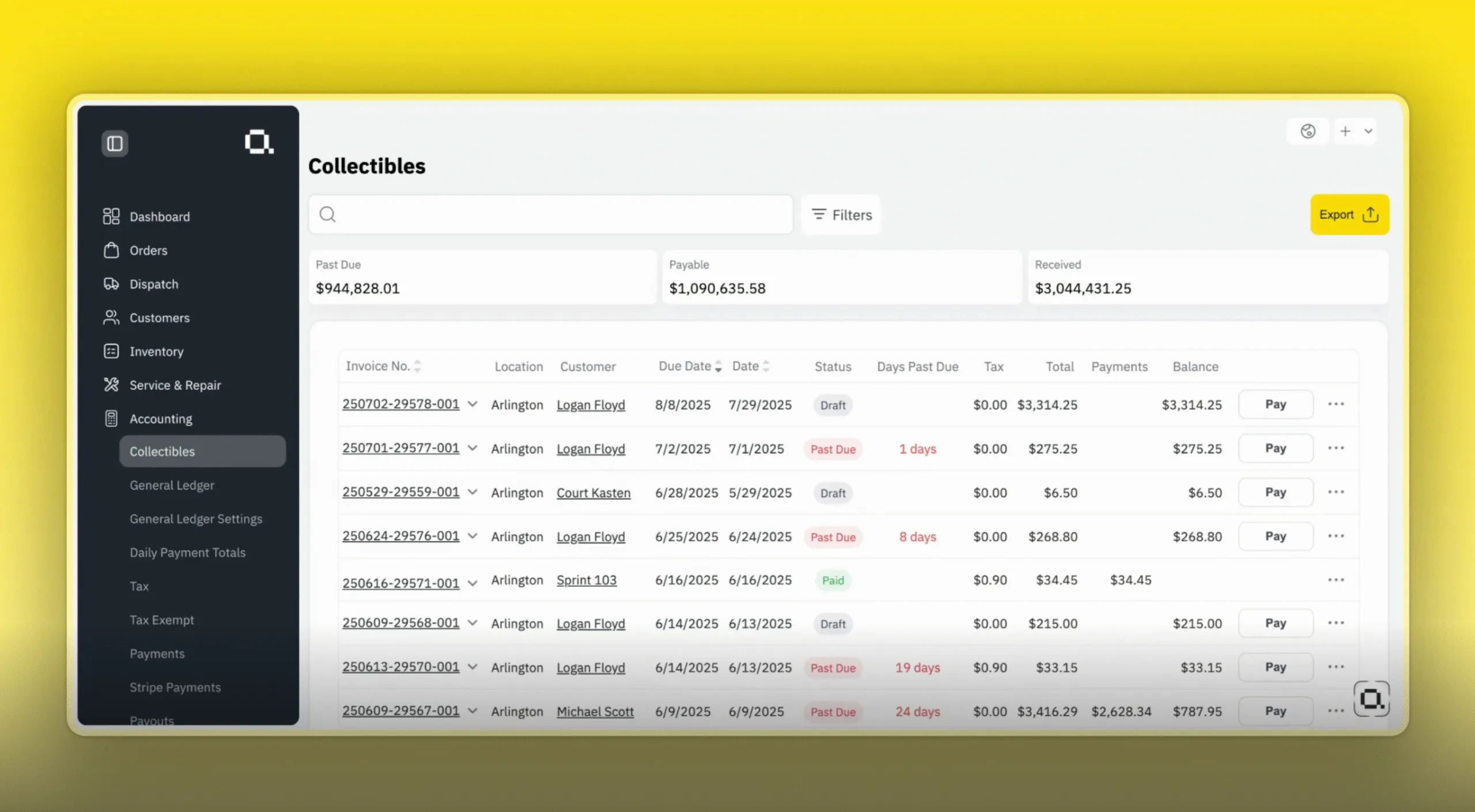 A digital dashboard displays accounting information under "Collectibles" with invoice details, statuses (e.g., "Past Due," "Paid"), and financial summaries. A menu on the left includes navigation options like "Orders" and "Inventory."
