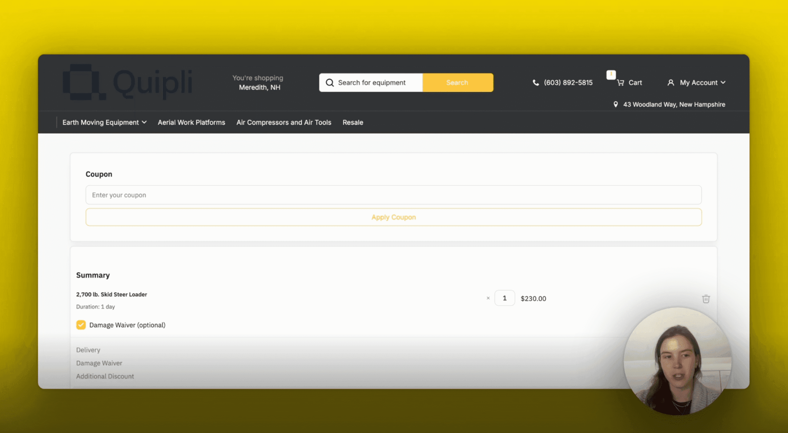 A website interface shows an equipment search bar and shopping details, including a 2,700 lb. Skid Steer Loader for $230.00. Options for delivery and damage waiver are available. A small video call window displays a person.