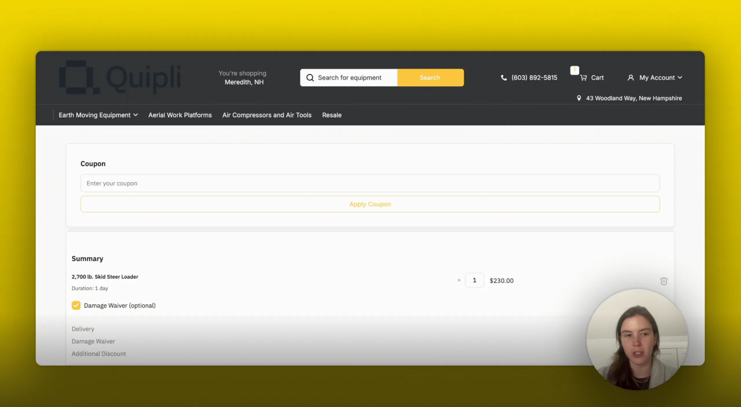 A website interface shows an equipment search bar and shopping details, including a 2,700 lb. Skid Steer Loader for $230.00. Options for delivery and damage waiver are available. A small video call window displays a person.