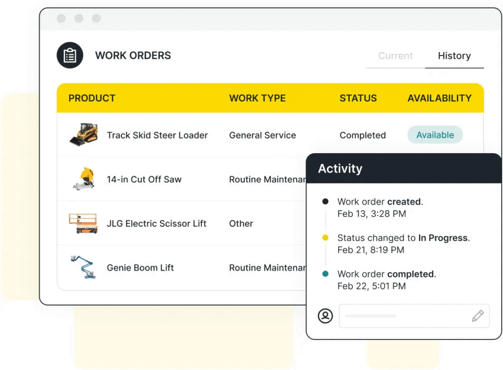 Managing work orders for equipment rentals in Quipli
