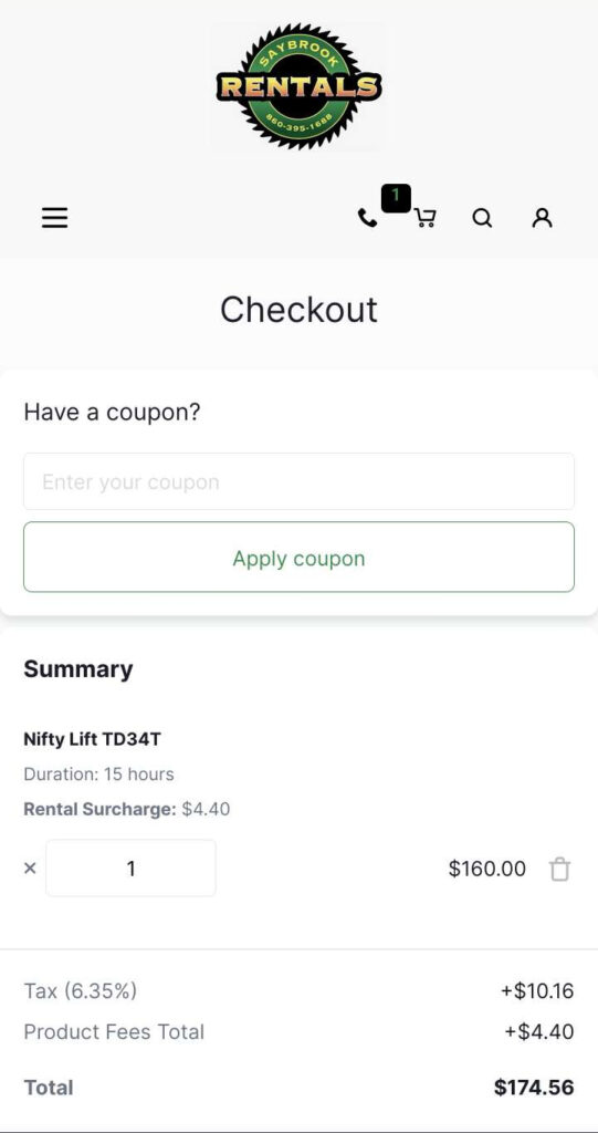 Saybrook Rentals checkout page screenshot